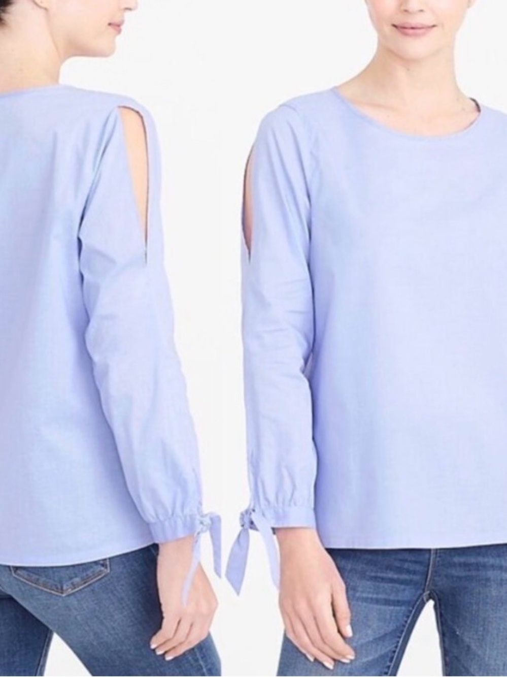 J. Crew Small Light Blue Bow Sleeve Peekaboo Cotton Blouse
